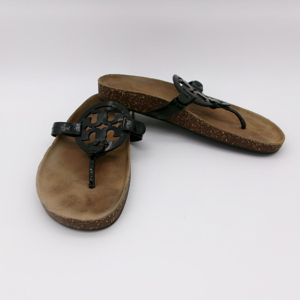 Tory Burch Miller Cloud Black Patent Leather Logo Thong Sandals Size 9